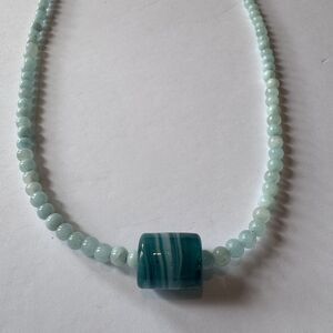 Aqua Teal Beaded Necklace Stone and Glass Beads Boho Handmade 18" Beach Anthro